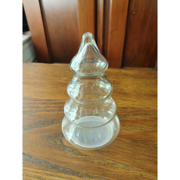 Glass Christmas Tree candy jar Fill With Small Ornaments Tinsel etc Plastic Lid - Picture 1 of 5